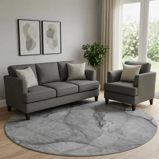 8' Gray And Ivory Abstract Washable Round Rug With UV Protection Photo 1