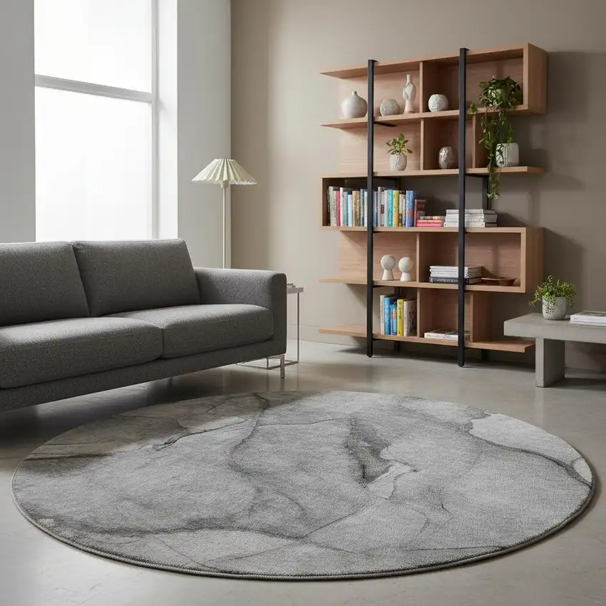 8' Gray And Ivory Abstract Washable Round Rug With UV Protection Photo 2