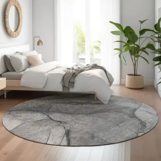 8' Gray And Ivory Abstract Washable Round Rug With UV Protection Photo 5
