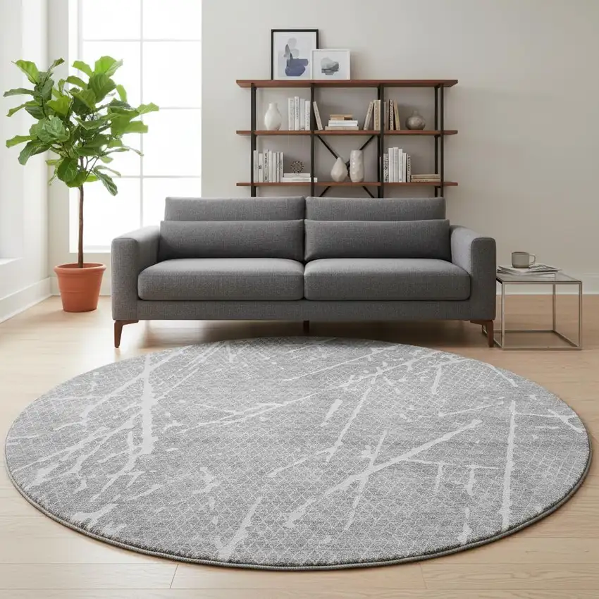 8' Gray And Ivory Abstract Washable Round Rug With UV Protection Photo 2
