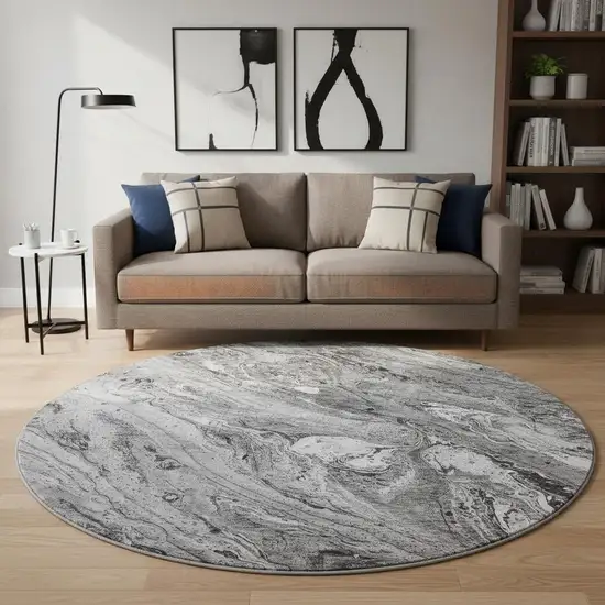 8' Gray And Ivory Abstract Washable Round Rug With UV Protection Photo 2