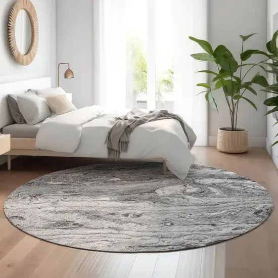 8' Gray And Ivory Abstract Washable Round Rug With UV Protection Photo 5