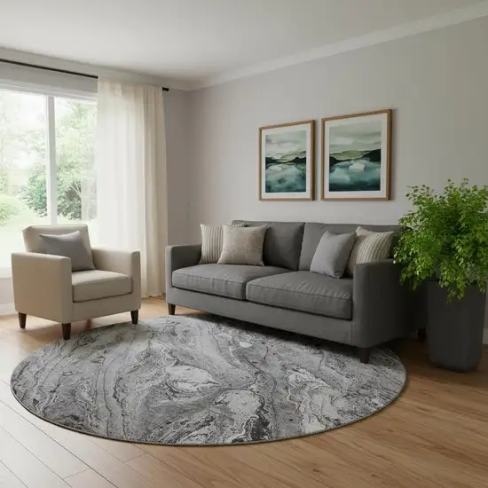 8' Gray And Ivory Abstract Washable Round Rug With UV Protection Photo 1