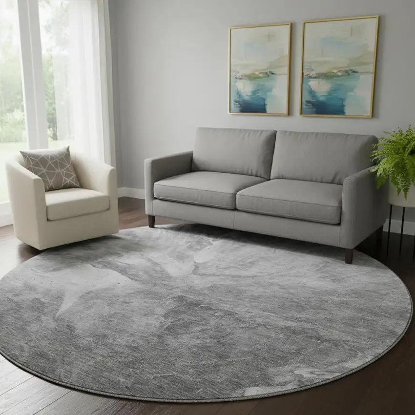 8' Gray And Ivory Abstract Washable Round Rug With UV Protection Photo 1