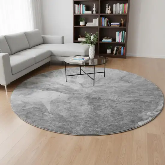 8' Gray And Ivory Abstract Washable Round Rug With UV Protection Photo 2