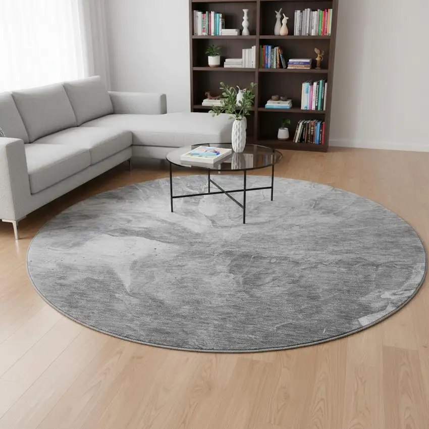 8' Gray And Ivory Abstract Washable Round Rug With UV Protection Photo 2