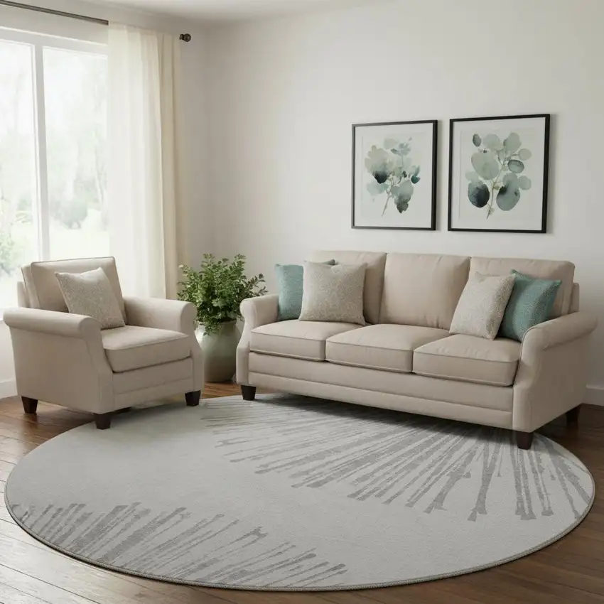 8' Gray And Ivory Abstract Washable Round Rug With UV Protection Photo 1