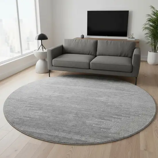 8' Gray And Ivory Abstract Washable Round Rug With UV Protection Photo 2