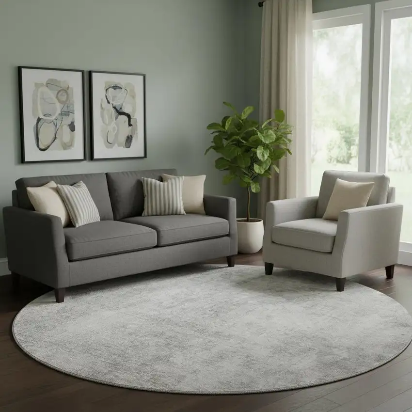 8' Gray And Ivory Abstract Washable Round Rug With UV Protection Photo 1