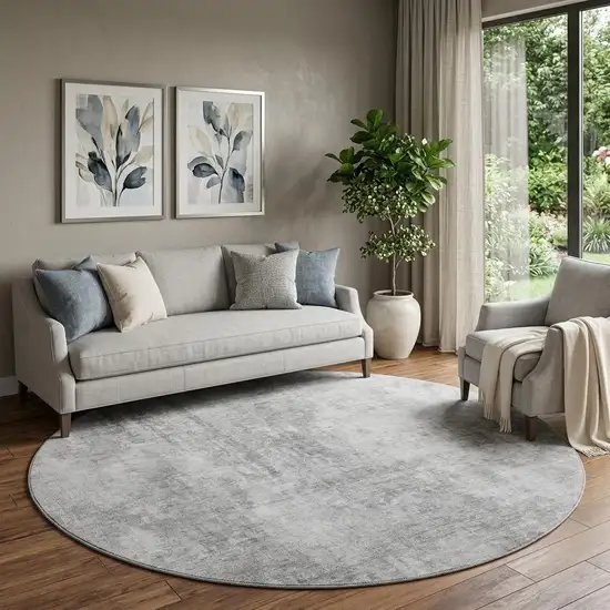 8' Gray And Ivory Abstract Washable Round Rug With UV Protection Photo 1