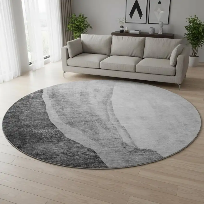 8' Gray And Ivory Abstract Washable Round Rug With UV Protection Photo 2