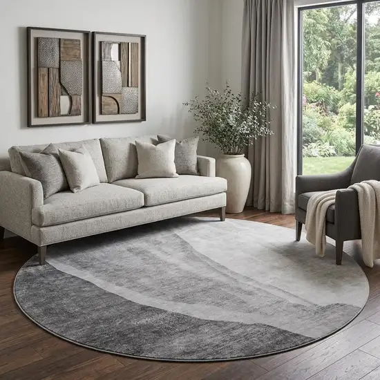 8' Gray And Ivory Abstract Washable Round Rug With UV Protection Photo 1