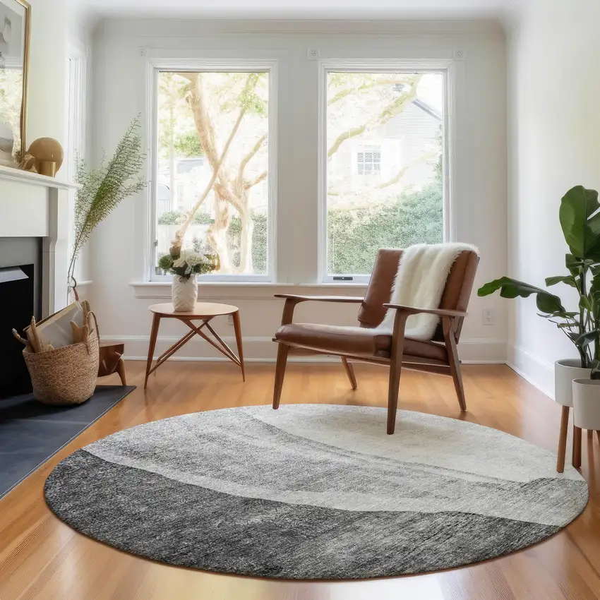 8' Gray And Ivory Abstract Washable Round Rug With UV Protection Photo 5