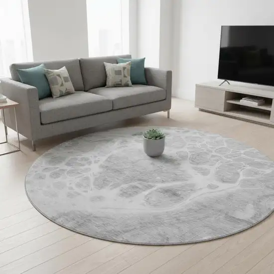 8' Gray And Ivory Abstract Washable Round Rug With UV Protection Photo 2
