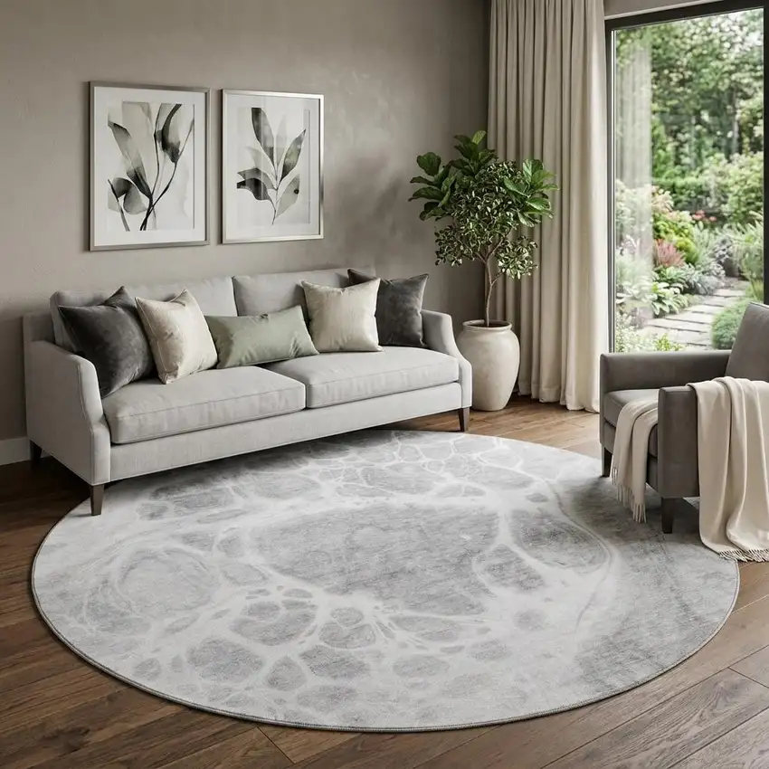 8' Gray And Ivory Abstract Washable Round Rug With UV Protection Photo 1