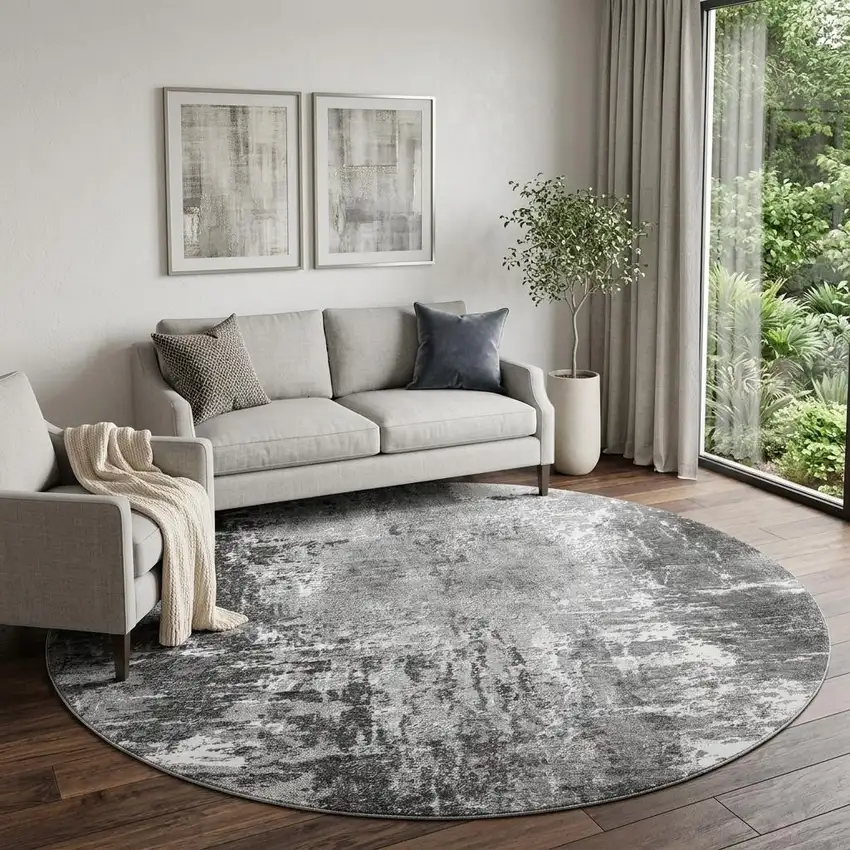 8' Gray And Ivory Abstract Washable Round Rug With UV Protection Photo 1
