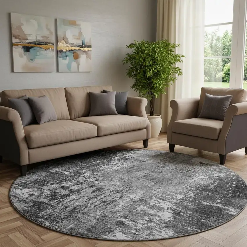 8' Gray And Ivory Abstract Washable Round Rug With UV Protection Photo 1