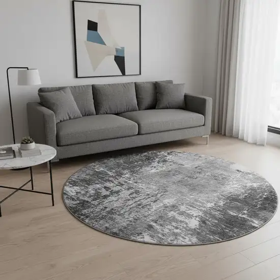 8' Gray And Ivory Abstract Washable Round Rug With UV Protection Photo 2
