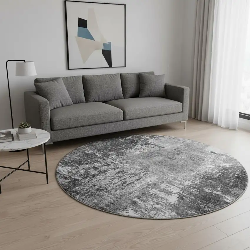 8' Gray And Ivory Abstract Washable Round Rug With UV Protection Photo 2