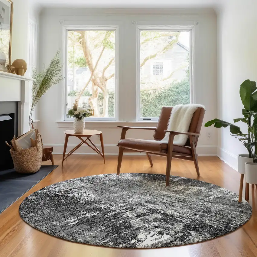 8' Gray And Ivory Abstract Washable Round Rug With UV Protection Photo 5