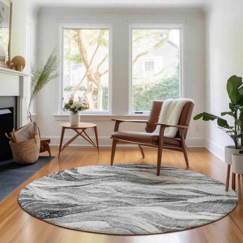 8' Gray And Ivory Abstract Washable Round Rug With UV Protection Photo 5