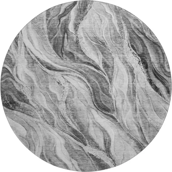 8' Gray And Ivory Abstract Washable Round Rug With UV Protection Photo 1