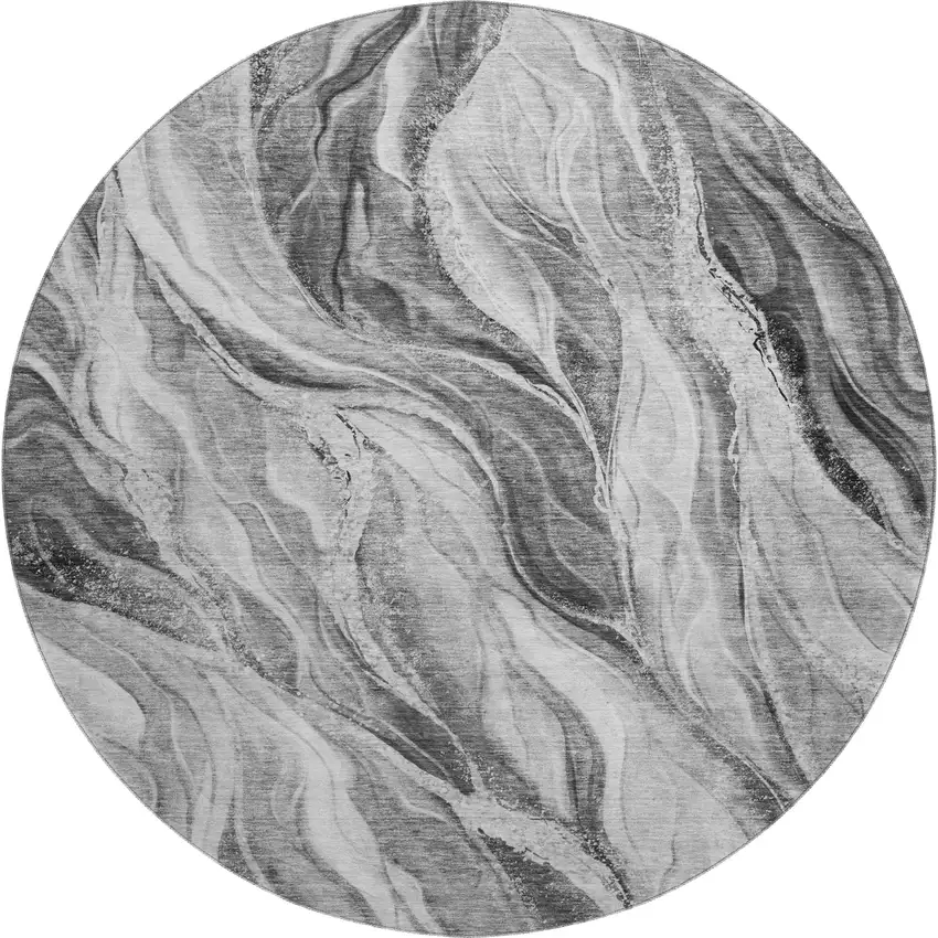 8' Gray And Ivory Abstract Washable Round Rug With UV Protection Photo 1