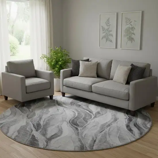 8' Gray And Ivory Abstract Washable Round Rug With UV Protection Photo 1