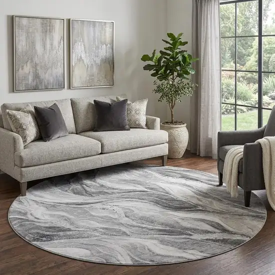8' Gray And Ivory Abstract Washable Round Rug With UV Protection Photo 1