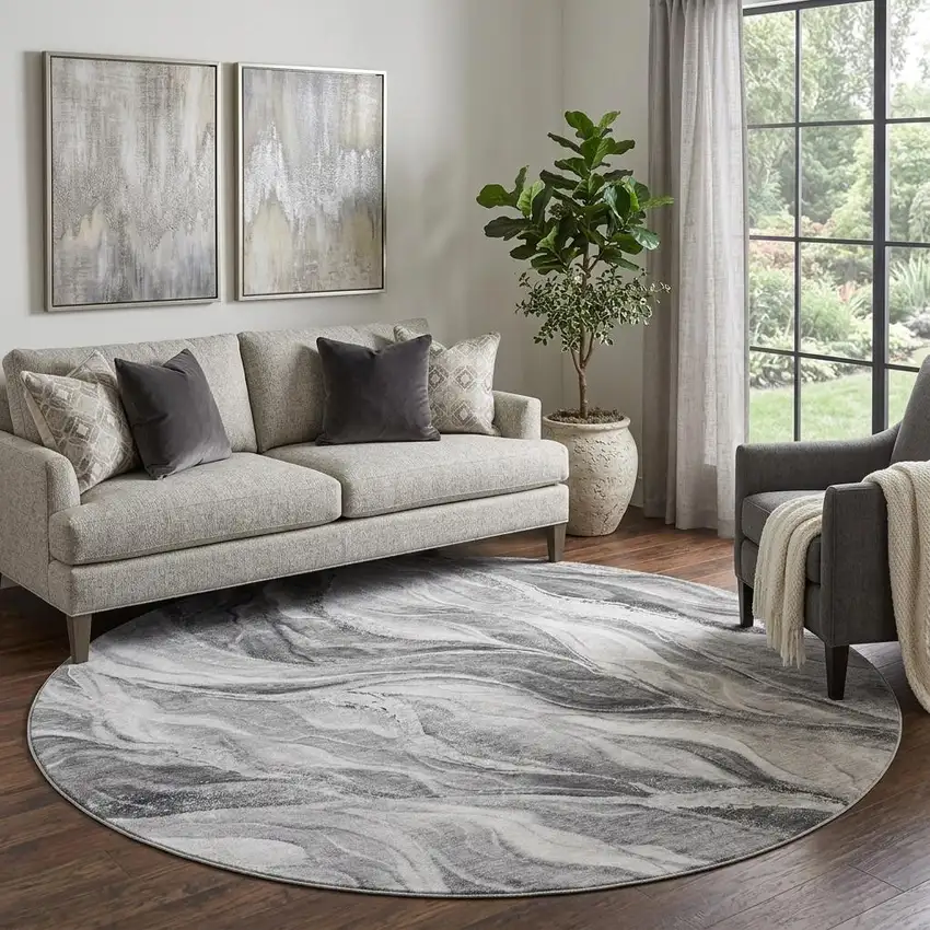 8' Gray And Ivory Abstract Washable Round Rug With UV Protection Photo 1