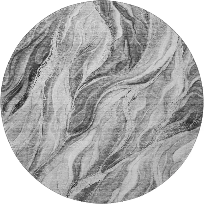 8' Gray And Ivory Abstract Washable Round Rug With UV Protection Photo 3