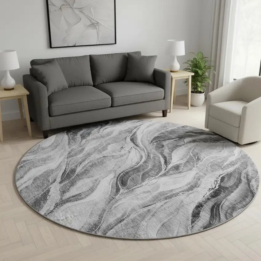 8' Gray And Ivory Abstract Washable Round Rug With UV Protection Photo 2