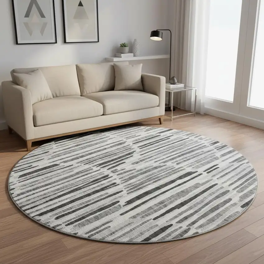 8' Gray And Ivory Abstract Washable Round Rug With UV Protection Photo 2