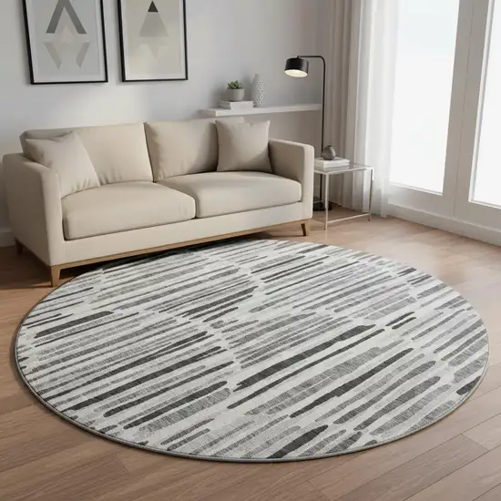 8' Gray And Ivory Abstract Washable Round Rug With UV Protection Photo 2