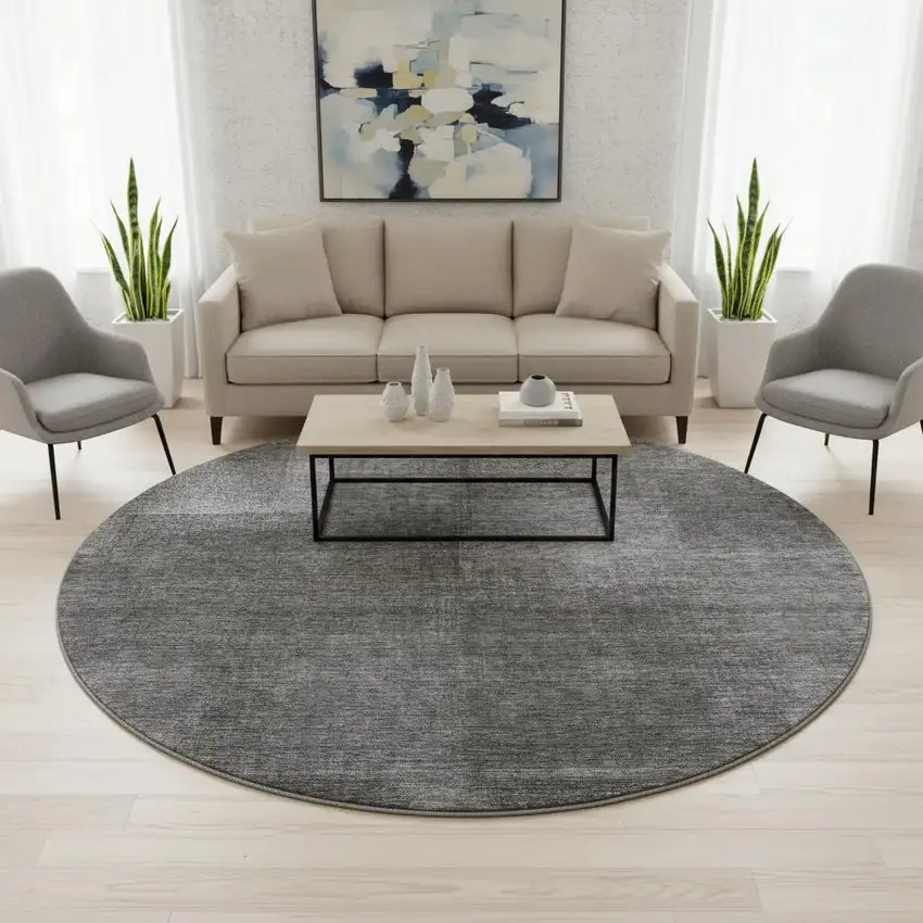 8' Gray And Ivory Abstract Washable Round Rug With UV Protection Photo 2