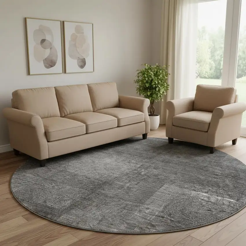 8' Gray And Ivory Abstract Washable Round Rug With UV Protection Photo 1