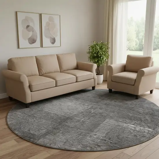 8' Gray And Ivory Abstract Washable Round Rug With UV Protection Photo 1