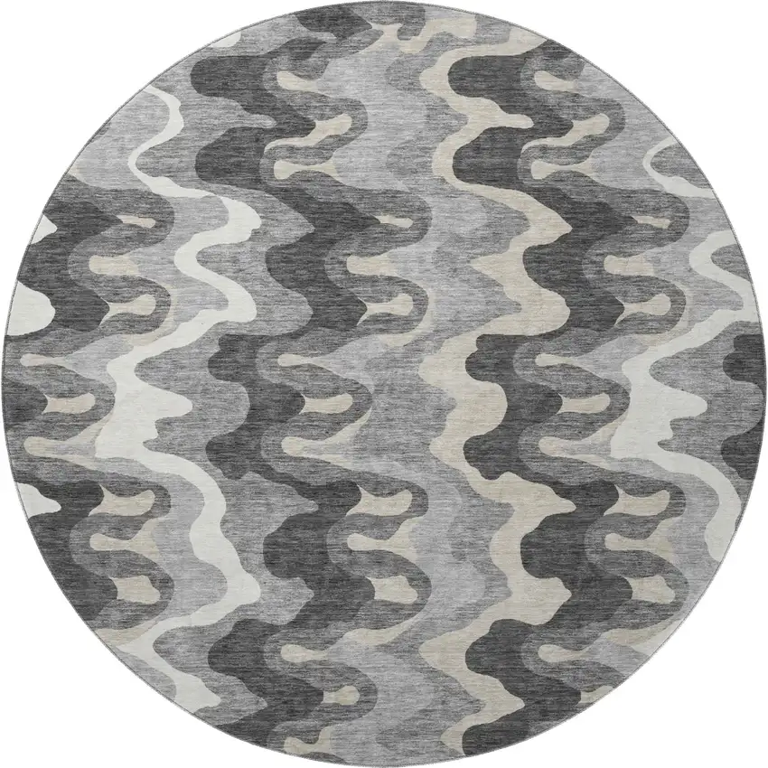 8' Gray And Ivory Abstract Washable Round Rug With UV Protection Photo 3