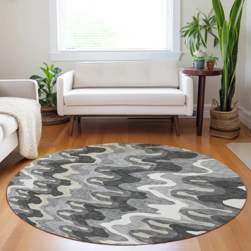 8' Gray And Ivory Abstract Washable Round Rug With UV Protection Photo 4