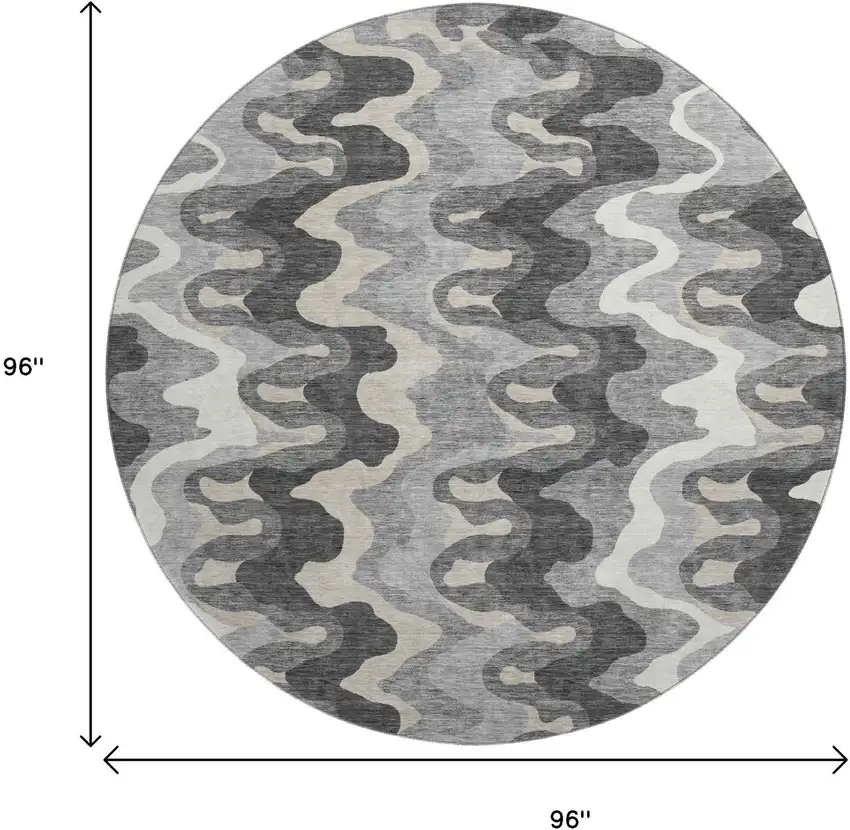 8' Gray And Ivory Abstract Washable Round Rug With UV Protection Photo 9