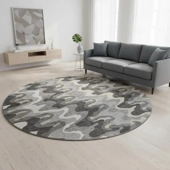 8' Gray And Ivory Abstract Washable Round Rug With UV Protection Photo 2