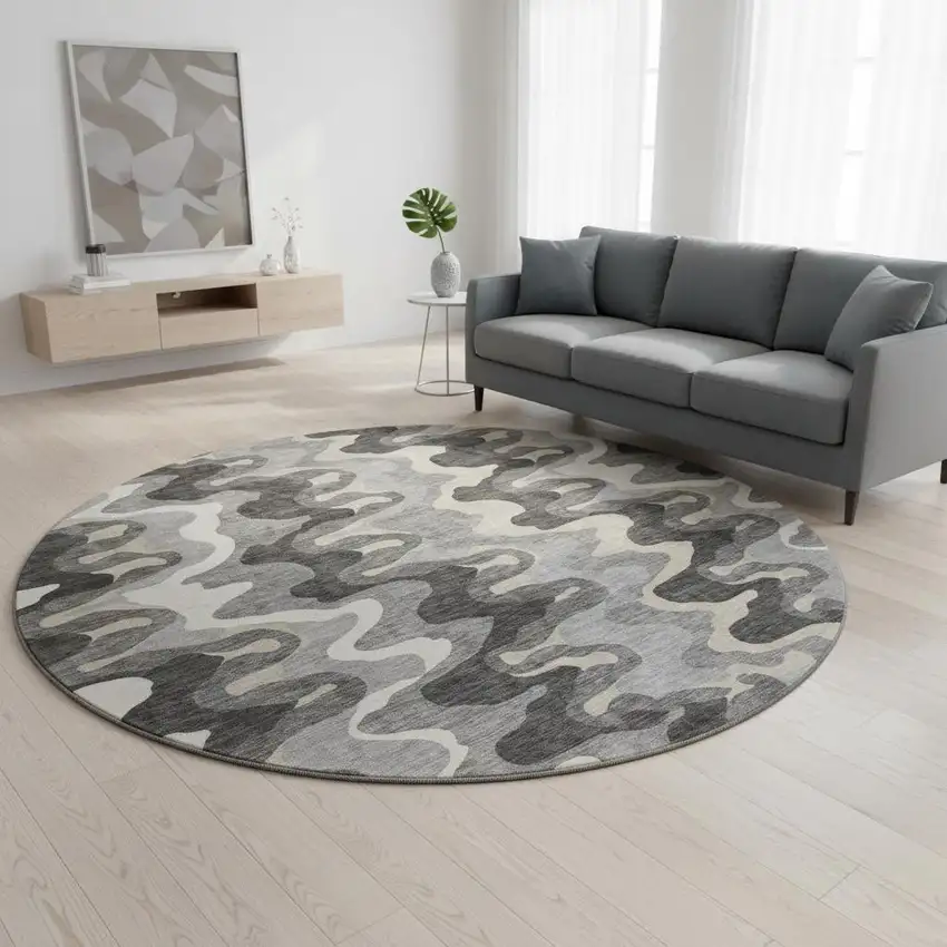 8' Gray And Ivory Abstract Washable Round Rug With UV Protection Photo 2
