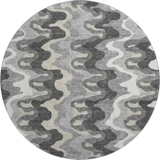 8' Gray And Ivory Abstract Washable Round Rug With UV Protection Photo 1