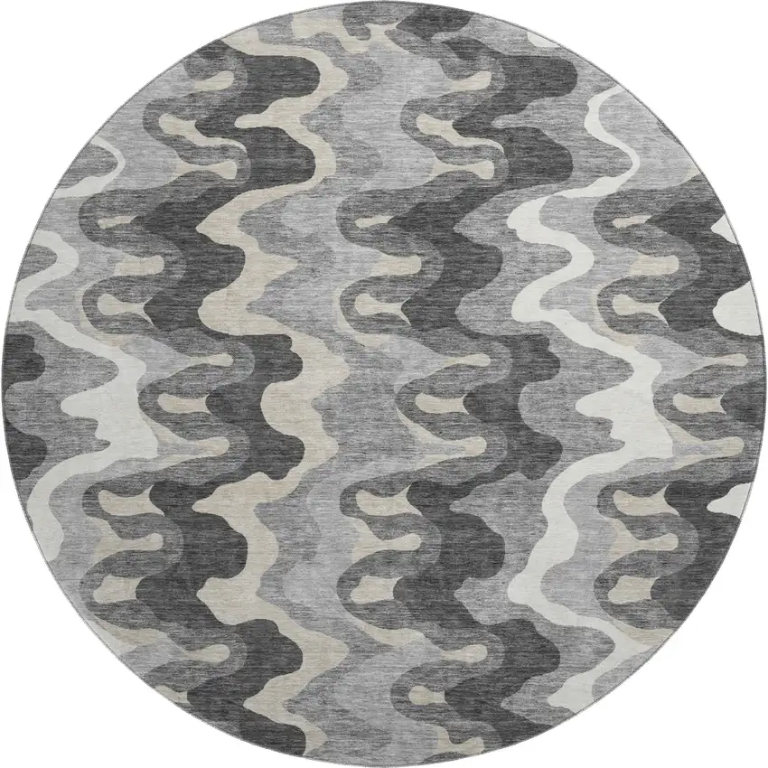 8' Gray And Ivory Abstract Washable Round Rug With UV Protection Photo 1