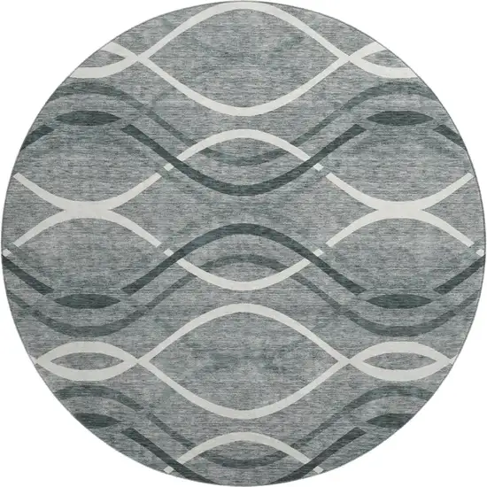 8' Gray And Ivory Abstract Washable Round Rug With UV Protection Photo 1