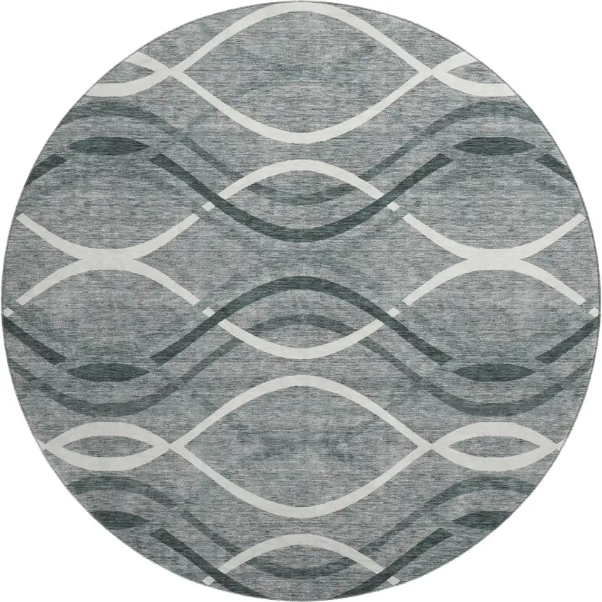 8' Gray And Ivory Abstract Washable Round Rug With UV Protection Photo 1