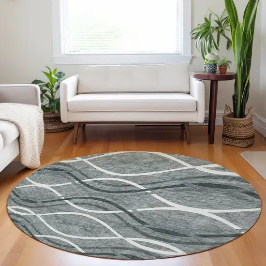 8' Gray And Ivory Abstract Washable Round Rug With UV Protection Photo 4