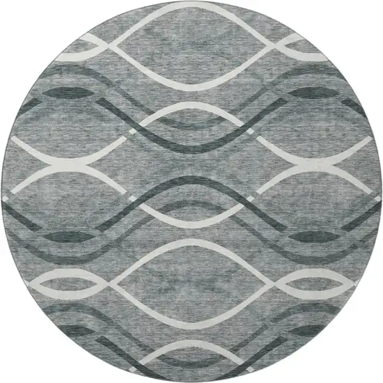 8' Gray And Ivory Abstract Washable Round Rug With UV Protection Photo 3