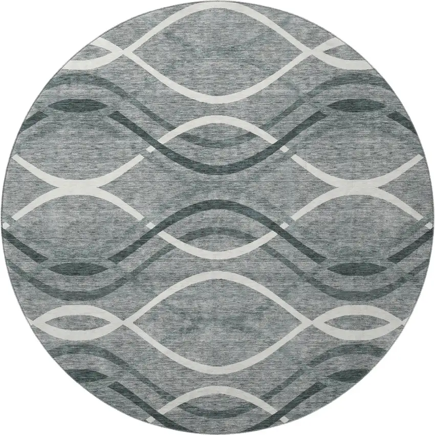 8' Gray And Ivory Abstract Washable Round Rug With UV Protection Photo 3