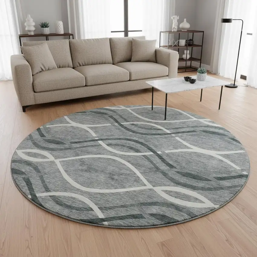 8' Gray And Ivory Abstract Washable Round Rug With UV Protection Photo 2
